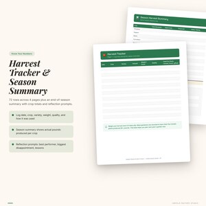 May include: A white Harvest Tracker & Season Summary planner with green accents. The planner includes sections for logging crop data, variety, weight, and quality. It also features reflection prompts and a season summary. The text on the planner reads "Know Your Numbers."