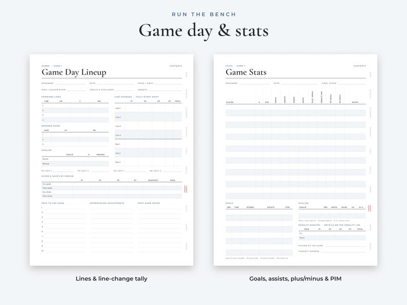 May include: Two white digital planner pages titled Run The Bench Game day & stats. The left page is a Game Day Lineup form with sections for lines, defense, and goals. The right page is a Game Stats form with sections for player stats, goals, and assists.