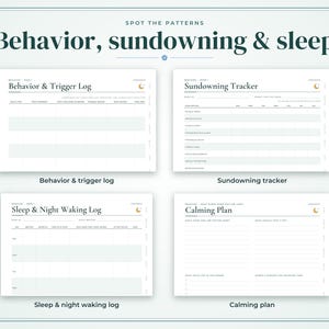 May include: A set of four printable tracking sheets titled Behavior, Sundowning & Sleep. The pages include a Behavior & Trigger Log, a Sundowning Tracker, a Sleep & Night Waking Log, and a Calming Plan. Each white sheet features dark text, a crescent moon icon, and structured columns for recording daily observations and patterns.
