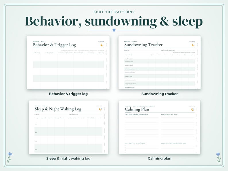 May include: A set of four printable tracking sheets titled Behavior, Sundowning & Sleep. The pages include a Behavior & Trigger Log, a Sundowning Tracker, a Sleep & Night Waking Log, and a Calming Plan. Each white sheet features dark text, a crescent moon icon, and structured columns for recording daily observations and patterns.