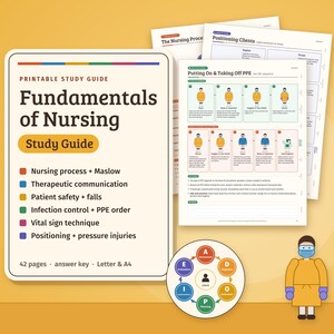 Pu&ograve; includere: Una guida allo studio stampabile intitolata Fundamentals of Nursing con un elenco di argomenti tra cui processo infermieristico, comunicazione terapeutica, sicurezza del paziente, controllo delle infezioni, segni vitali e posizionamento.