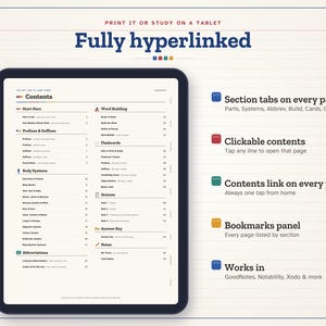 May include: A digital study guide displayed on a tablet screen, featuring a table of contents with sections for prefixes, suffixes, body systems, and quizzes. The text includes 'Fully hyperlinked' and lists features like section tabs, clickable contents, and compatibility with apps like GoodNotes and Notability.