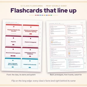 May include: Two sheets of 32 double-sided medical flashcards titled Flashcards that line up. The left sheet displays drug classes like Thiazide Diuretics and Heparins with icons. The right sheet shows corresponding clinical details.
