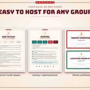 May include: A game instruction set featuring three pages with dark red and teal text on a cream background. The pages include How to Play rules, Scoring and Lightning Round details, and two printable winner certificates for Survey Champions and Lightning Round Star.