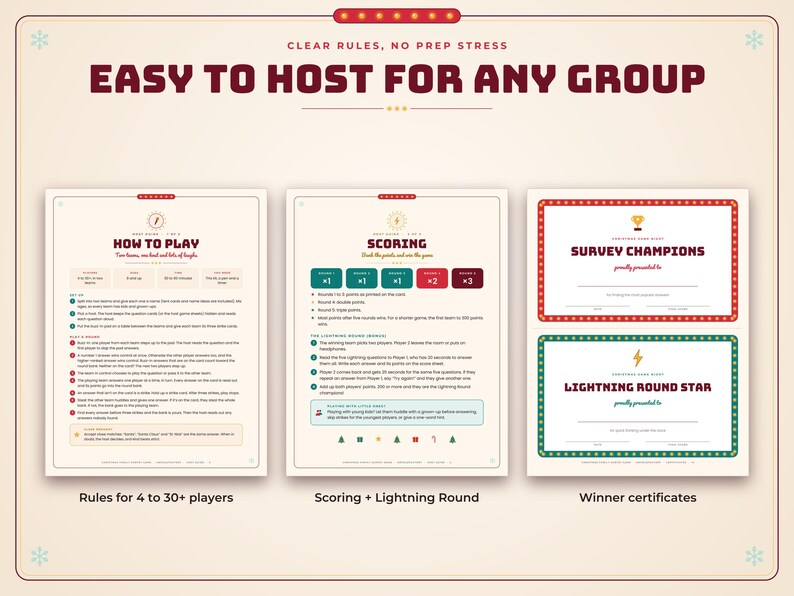 May include: A game instruction set featuring three pages with dark red and teal text on a cream background. The pages include How to Play rules, Scoring and Lightning Round details, and two printable winner certificates for Survey Champions and Lightning Round Star.