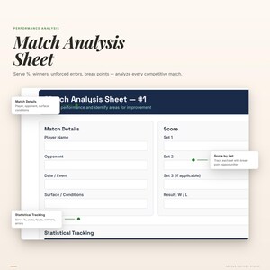 Może przedstawiać: Biało-niebieski arkusz analizy meczu zatytułowany "Match Analysis Sheet - #1". Arkusz zawiera sekcje dotyczące szczeg&oacute;ł&oacute;w meczu, wyniku i śledzenia statystycznego. Służy do analizy mecz&oacute;w.