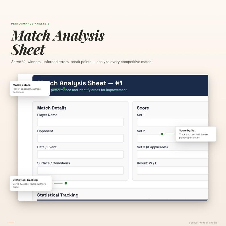 Może przedstawiać: Biało-niebieski arkusz analizy meczu zatytułowany "Match Analysis Sheet - #1". Arkusz zawiera sekcje dotyczące szczeg&oacute;ł&oacute;w meczu, wyniku i śledzenia statystycznego. Służy do analizy mecz&oacute;w.