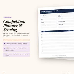 May include: A white document titled "Competition Planner - Meet #1" with a dark blue header. The document includes sections for meet details, logistics, and athlete entries. The left side features the text "Competition Planner & Scoring."