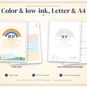 以下が含まれることがあります： 虹のグラフィック、IEP BINDER FOR PARENTSの文字、鉢植えのイラストが描かれた保護者向けIEPデジタルバインダー。フルカラー版とインク節約版があり、レターサイズとA4サイズに対応しています。