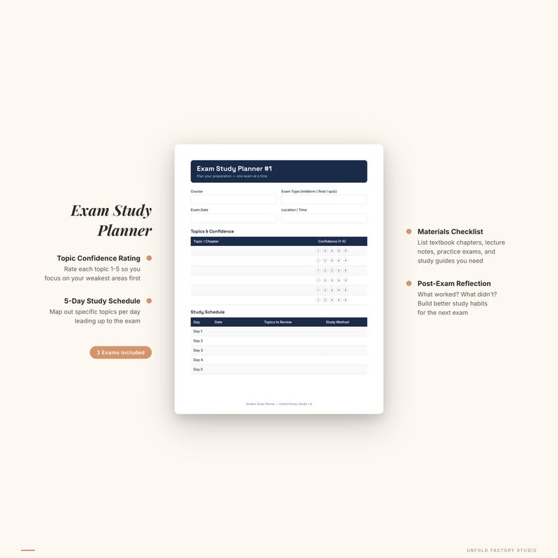 Op de afbeelding: Een digitale examenstudieplanner met een witte achtergrond. De planner bevat secties voor het beoordelen van de topic confidence, een 5-daagse studieschema en een materialen checklist. De tekst "Exam Study Planner" wordt prominent weergegeven.
