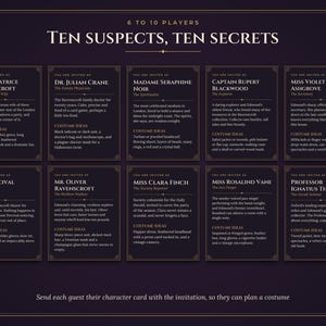 May include: A murder mystery party game set featuring ten character cards titled Ten Suspects, Ten Secrets. Each card includes a character name, role, biography, and costume ideas printed in white text on a dark purple background with gold borders.