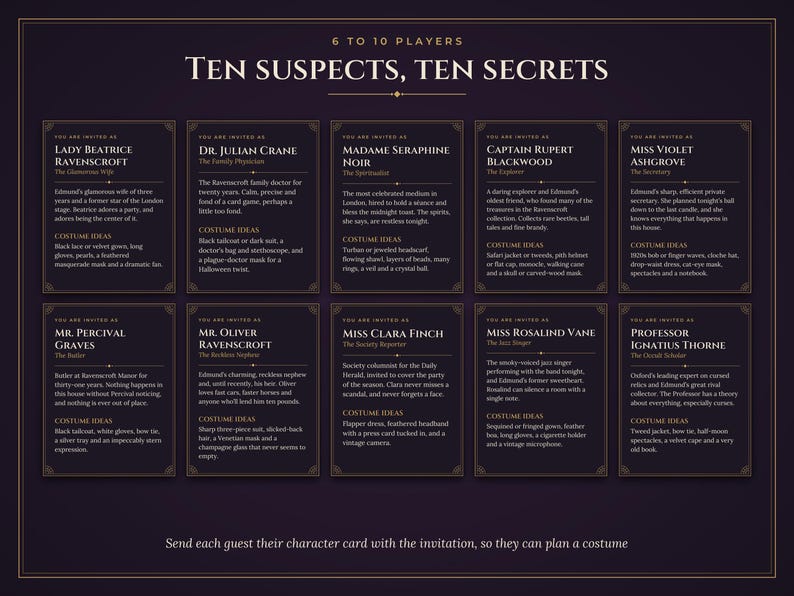 May include: A murder mystery party game set featuring ten character cards titled Ten Suspects, Ten Secrets. Each card includes a character name, role, biography, and costume ideas printed in white text on a dark purple background with gold borders.