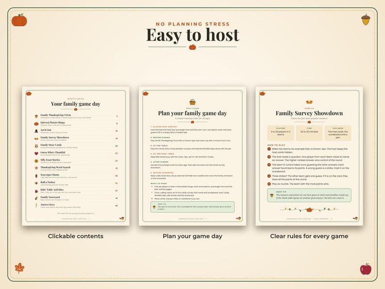 May include: A digital game guide featuring three pages with the text No Planning Stress Easy to Host, Your family game day, Plan your family game day, and Family Survey Showdown. The pages include lists, instructions, and game rules with icons.