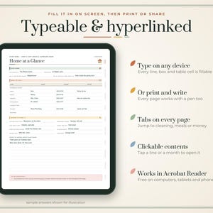 Puede incluir: Un planificador digital en la pantalla de una tableta con el texto Typeable & hyperlinked, Home at a Glance y varios campos rellenables. A la derecha se enumeran funciones como Type on any device, Or print and write, Tabs on every page, Clickable contents y Works in Acrobat Reader.