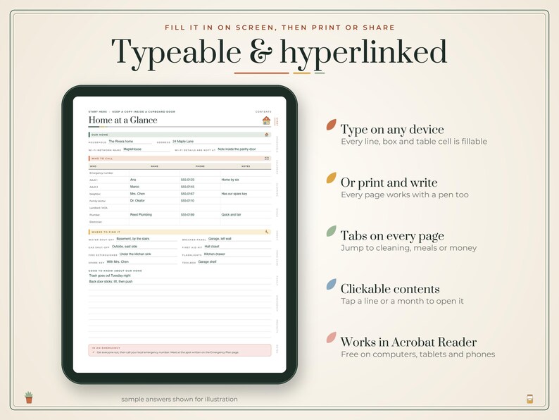 Puede incluir: Un planificador digital en la pantalla de una tableta con el texto Typeable & hyperlinked, Home at a Glance y varios campos rellenables. A la derecha se enumeran funciones como Type on any device, Or print and write, Tabs on every page, Clickable contents y Works in Acrobat Reader.