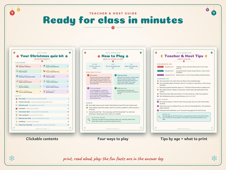 May include: A teacher and host guide for a Christmas quiz kit, featuring three pages titled Ready for class in minutes, Your Christmas quiz kit, How to Play, and Teacher & Host Tips. The documents include instructions, game rules, and age-based tips.