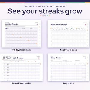May include: A digital planner page titled See your streaks grow featuring four distinct tracking templates: 100-Day Streaks with circular day markers, a Mood Year in Pixels grid, a 53-Week Habit Tracker, and a Sleep Tracker with daily check-boxes.