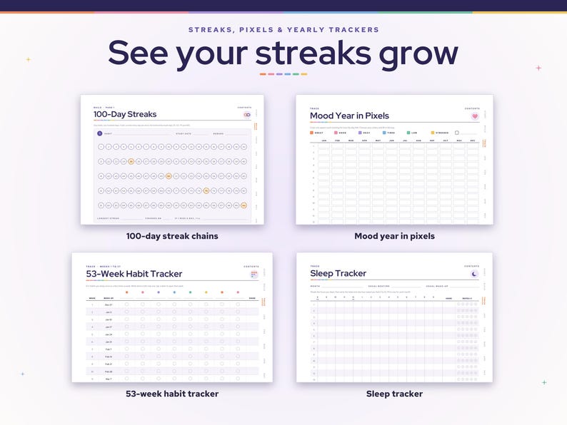 May include: A digital planner page titled See your streaks grow featuring four distinct tracking templates: 100-Day Streaks with circular day markers, a Mood Year in Pixels grid, a 53-Week Habit Tracker, and a Sleep Tracker with daily check-boxes.