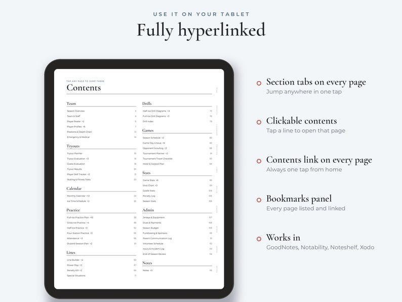 May include: A digital tablet displaying a contents page for a sports planner. The screen shows text headers for Team, Tryouts, Calendar, Practice, Lines, Drills, Games, Stats, Admin, and Notes. Text on the right lists features: Section tabs, Clickable contents, Contents link, Bookmarks panel, and compatibility with GoodNotes, Notability, Noteshelf, and Xodo.