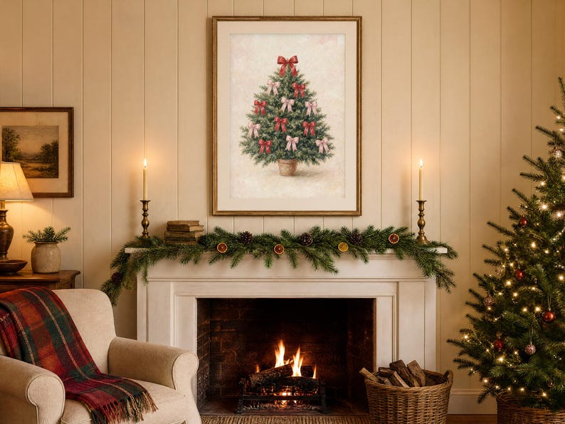 May include: A framed wall art print featuring a green Christmas tree in a terracotta pot, decorated with multiple red and light pink bows, displayed in a gold frame against a light-colored wall above a fireplace mantel.