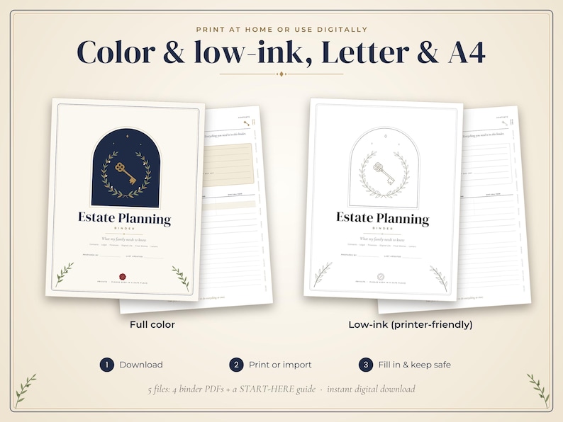 May include: A digital estate planning binder template featuring a dark blue arch with a gold key and laurel wreath graphic. The text reads Estate Planning Binder. Includes a full-color version and a low-ink, printer-friendly version with lined pages.