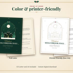 Op de afbeelding: Een printbaar moordmysterie-partyspel getiteld Murder at HOLLYBROOK HALL. De set bevat een full-colour versie met een donkergroene achtergrond en een printervriendelijke versie met een witte achtergrond, beide met een huisillustratie.