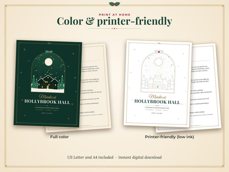 Op de afbeelding: Een printbaar moordmysterie-partyspel getiteld Murder at HOLLYBROOK HALL. De set bevat een full-colour versie met een donkergroene achtergrond en een printervriendelijke versie met een witte achtergrond, beide met een huisillustratie.
