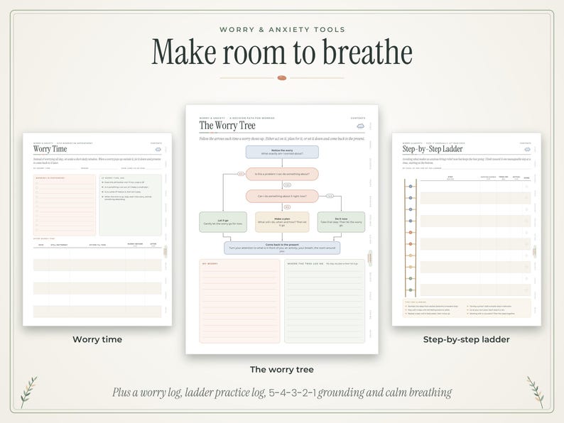 May include: Three digital worksheets titled Worry Time, The Worry Tree, and Step-by-Step Ladder. The pages feature pastel-colored boxes, flowcharts, and lined sections for writing. The text includes Worry & Anxiety Tools and Make room to breathe.