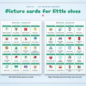 May include: Two sheets of 40 Act It Out Little Elves picture cards featuring colorful holiday icons and text prompts like Build a snowman, Sip hot cocoa, and Play a video game. The cards are arranged in a grid with green borders on a light blue background.