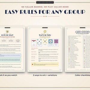 May include: Three instructional game sheets with a cream background and dark blue text. The sheets are titled Easy Rules For Any Group, How To Play, Ways To Win, and Caller Checklist, featuring lists, diagrams, and checkboxes for a movie bingo game.