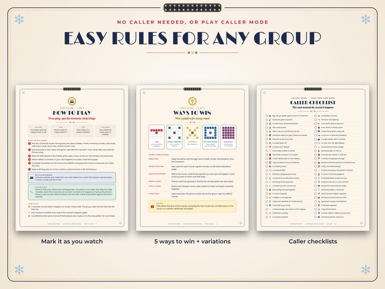 May include: Three instructional game sheets with a cream background and dark blue text. The sheets are titled Easy Rules For Any Group, How To Play, Ways To Win, and Caller Checklist, featuring lists, diagrams, and checkboxes for a movie bingo game.