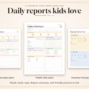 May include: Three printable daily report forms for childcare, including an Infant Daily Report, a Toddler Daily Report, and Preschool My Day Notes. Each sheet features sections for moods, meals, naps, and activities with checkboxes.