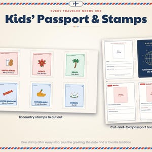 May include: A printable activity set titled Kids' Passport & Stamps featuring a cut-and-fold passport booklet and twelve illustrated country stamps. The stamps display icons for the United States, Mexico, Brazil, United Kingdom, Netherlands, and Sweden.