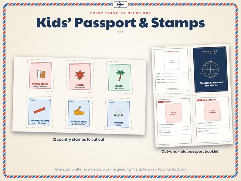 May include: A printable activity set titled Kids' Passport & Stamps featuring a cut-and-fold passport booklet and twelve illustrated country stamps. The stamps display icons for the United States, Mexico, Brazil, United Kingdom, Netherlands, and Sweden.
