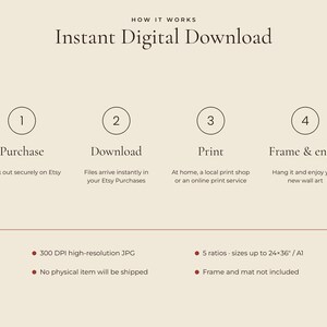 May include: An informational graphic titled How It Works Instant Digital Download. It outlines four steps: 1 Purchase, 2 Download, 3 Print, 4 Frame & enjoy. Details include 300 DPI high-resolution JPG, 5 ratios up to 24x36 inches, and no physical item.
