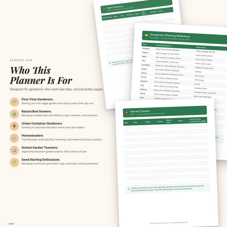 May include: A gardening planner with pages for seed inventory, companion planting, and harvest tracking. It's designed for various gardeners, including beginners, those with raised beds, urban container gardens, homesteaders, school teachers, and seed starting enthusiasts.