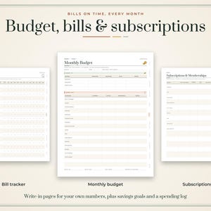 Puede incluir: Un conjunto de tres p&aacute;ginas de planificador presupuestario imprimibles tituladas Bills on Time, Every Month, Budget, bills & subscriptions. Incluye un rastreador de facturas, presupuesto mensual y suscripciones con columnas.