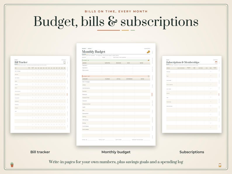 Puede incluir: Un conjunto de tres p&aacute;ginas de planificador presupuestario imprimibles tituladas Bills on Time, Every Month, Budget, bills & subscriptions. Incluye un rastreador de facturas, presupuesto mensual y suscripciones con columnas.