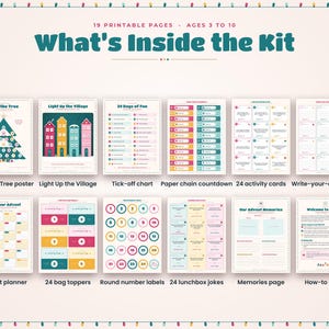 May include: A printable activity kit containing 19 pages for children ages 3 to 10, titled What's Inside the Kit. It includes a tree poster, village scene, countdown chart, paper chains, activity cards, planner, bag toppers, labels, and jokes.