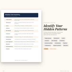 May include: A digital worksheet titled "Shadow Trait Inventory" with a list of personality traits and descriptions. The worksheet is on a white background with the title in a dark blue box. The text "Identify Your Hidden Patterns" is also visible.