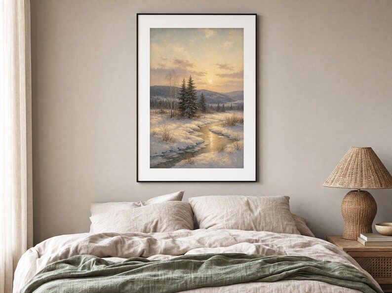 May include: A framed vertical wall art print depicting a winter landscape with a winding stream flowing through snow-covered ground, evergreen trees, and distant hills under a soft golden sunset sky with light clouds and a pale sun.