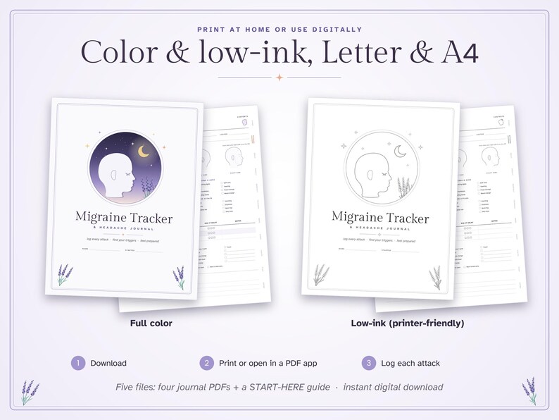 May include: A digital migraine tracker journal with two versions: a full-color version featuring a purple gradient circle with a head silhouette, moon, and lavender, and a low-ink version. Text includes "Migraine Tracker" and "A headache journal."