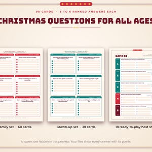 May include: A Christmas trivia game set featuring 90 cards with 5 to 6 ranked answers each, titled Christmas Questions for All Ages. The set includes a family set of 60 cards, a grown-up set of 30 cards, and 18 ready-to-play host sheets with game grids.