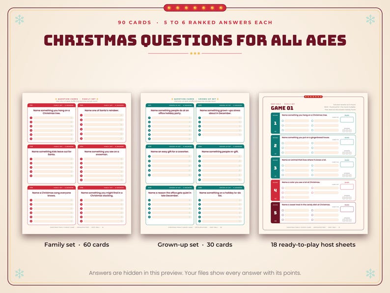May include: A Christmas trivia game set featuring 90 cards with 5 to 6 ranked answers each, titled Christmas Questions for All Ages. The set includes a family set of 60 cards, a grown-up set of 30 cards, and 18 ready-to-play host sheets with game grids.