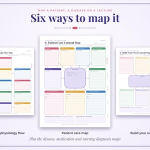 May include: A set of three medical concept map templates featuring the text Six ways to map it, Pathophysiology Flow Map, Patient Care Concept Map, and Build-Your-Own Concept Map. The documents include colorful rectangular fields for clinical data.