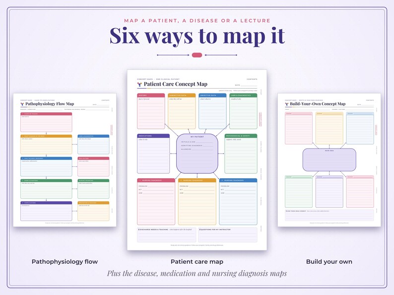 May include: A set of three medical concept map templates featuring the text Six ways to map it, Pathophysiology Flow Map, Patient Care Concept Map, and Build-Your-Own Concept Map. The documents include colorful rectangular fields for clinical data.