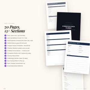 May include: A set of printed planner pages in white and black, with a black cover labelled "Gymnastics Coach Planner." The image shows text including "70 Pages, 13+ Sections" and lists tools for gymnastics training and competition planning.