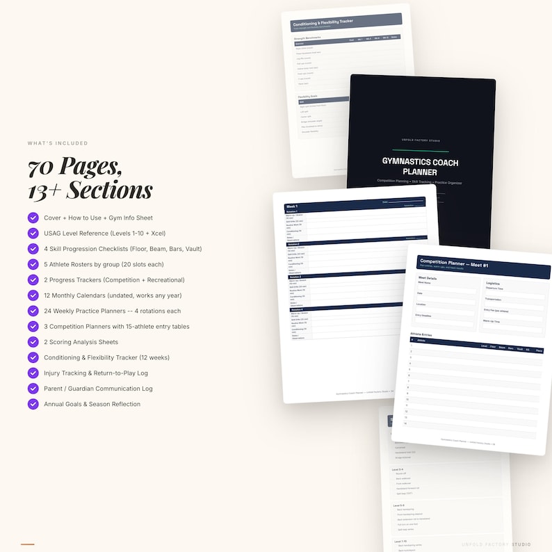 May include: A set of printed planner pages in white and black, with a black cover labelled "Gymnastics Coach Planner." The image shows text including "70 Pages, 13+ Sections" and lists tools for gymnastics training and competition planning.