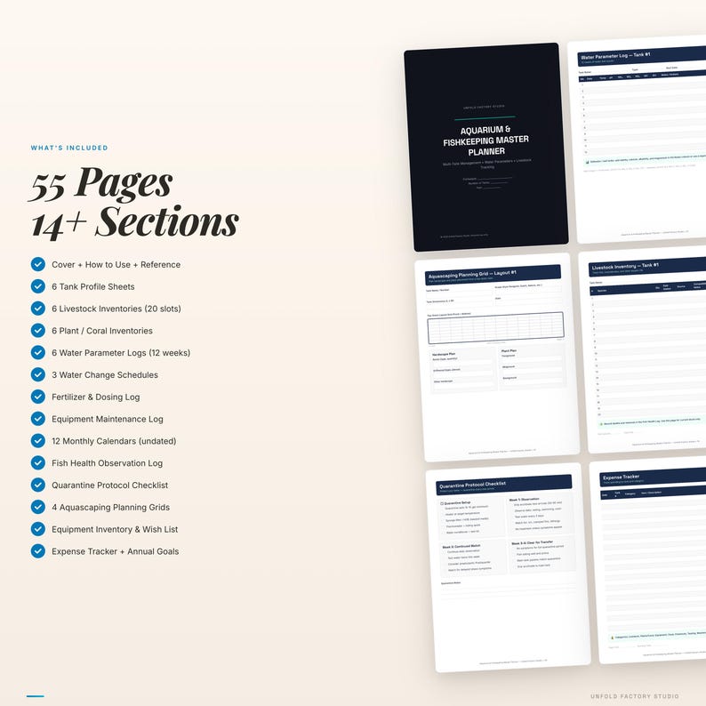 May include: A digital aquarium and fishkeeping master planner with 55 pages and 14+ sections. The planner includes tank profile sheets, livestock inventories, water parameter logs, and more. The cover is dark blue with white text. The planner is designed to help track and manage aquarium maintenance.