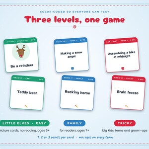May include: A board game set featuring six white cards with green, blue, and red headers. The cards display text prompts like Be a reindeer, Making a snow angel, Assembling a bike at midnight, Teddy bear, Rocking horse, and Brain freeze.